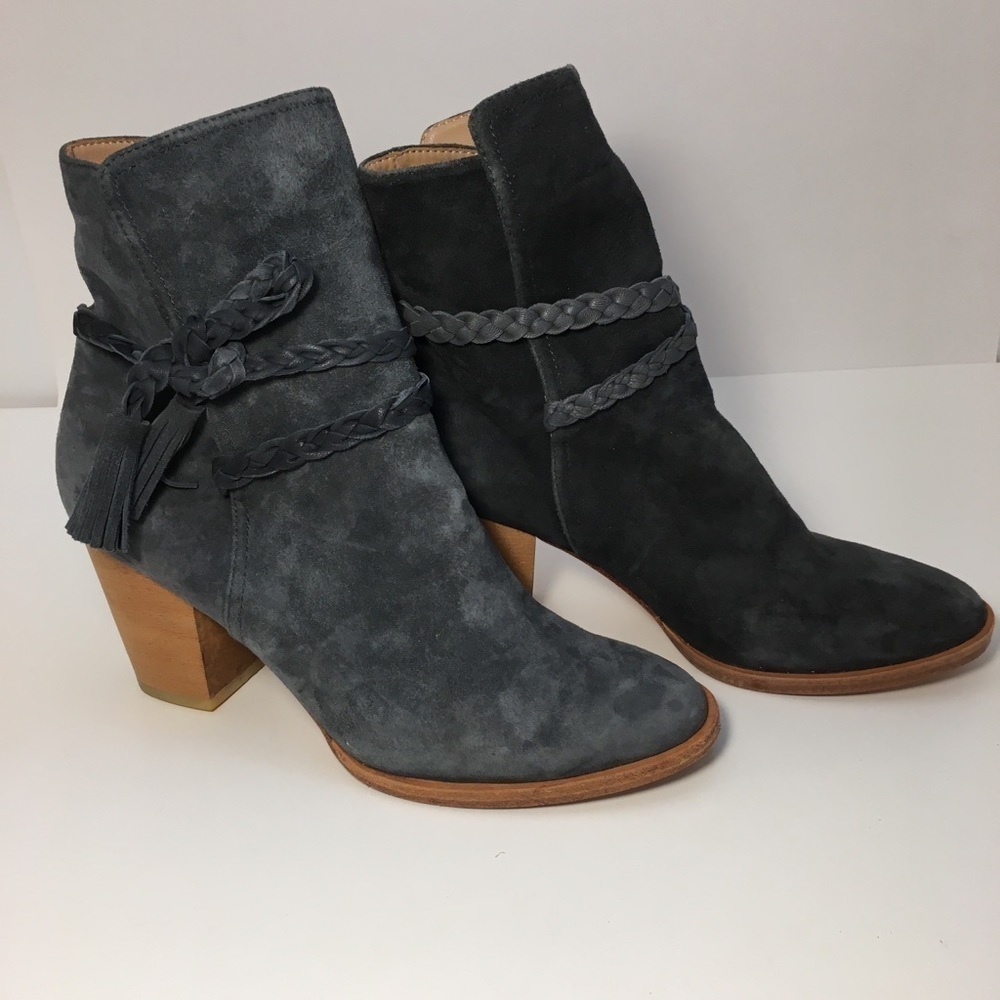 Anthropologie Huma Blanco Gray Suede Leather Ankle Boots Size 38 US 7 Braided - Picture 2 of 13
